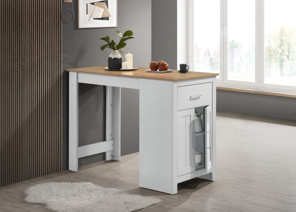 Alonzo 47"W Oak and White Finish Small Space Counter Height Dining Table with Cabinet, Drawer, and 2 Ergonomic Counter Stools - Image 4