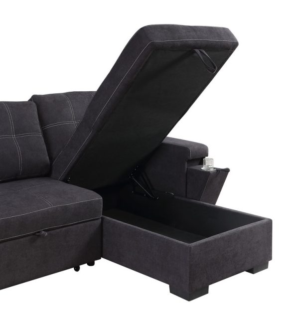 Toby 95"W Black Woven Fabric Reversible Sleeper Sectional Sofa with Storage Chaise Cup Holder Charging Ports and Pockets - Image 6
