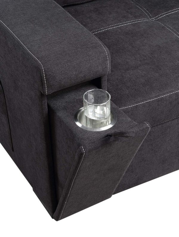 Toby 95"W Black Woven Fabric Reversible Sleeper Sectional Sofa with Storage Chaise Cup Holder Charging Ports and Pockets - Image 7