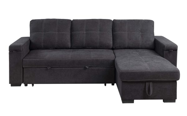 Toby 95"W Black Woven Fabric Reversible Sleeper Sectional Sofa with Storage Chaise Cup Holder Charging Ports and Pockets - Image 8