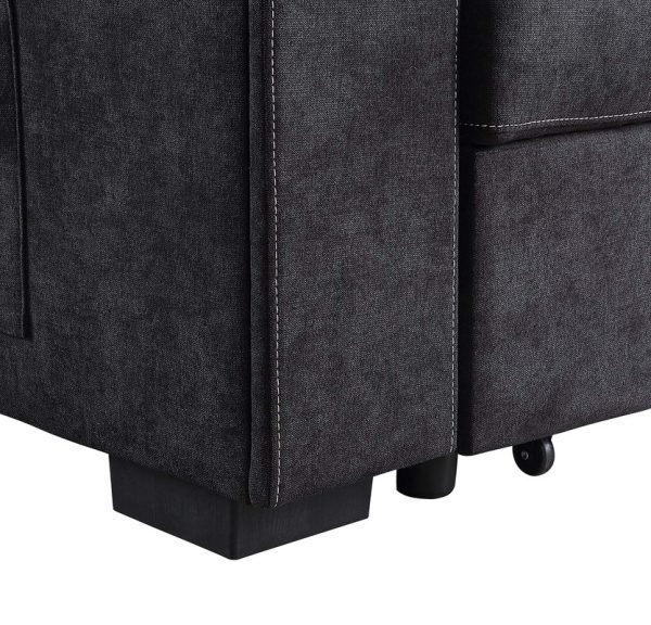Toby 95"W Black Woven Fabric Reversible Sleeper Sectional Sofa with Storage Chaise Cup Holder Charging Ports and Pockets - Image 2