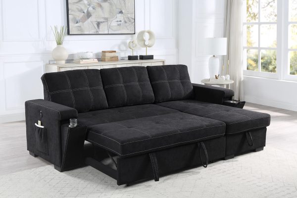 Toby 95"W Black Woven Fabric Reversible Sleeper Sectional Sofa with Storage Chaise Cup Holder Charging Ports and Pockets - Image 9