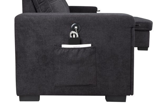 Toby 95"W Black Woven Fabric Reversible Sleeper Sectional Sofa with Storage Chaise Cup Holder Charging Ports and Pockets - Image 5