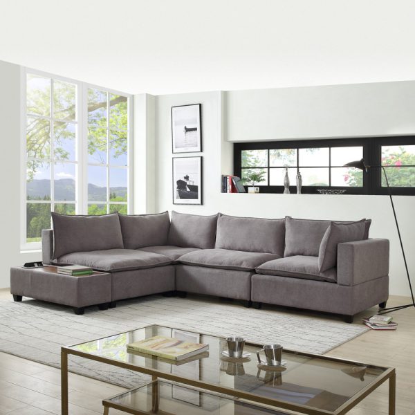 Madison 120"W Light Gray Fabric 5 Piece Modular Sectional Sofa with USB Storage Console Table