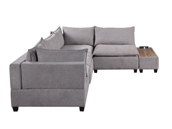 Madison 120"W Light Gray Fabric 5 Piece Modular Sectional Sofa with USB Storage Console Table - Image 3