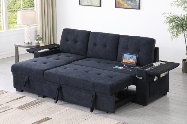 Ashlyn II 84"W Dark Gray Woven Fabric Reversible Sleeper Sectional Sofa with Storage Chaise, Storage Arm, Cup Holder, Charging Ports, Side Pockets, and Pocket Coil Seating - Image 11