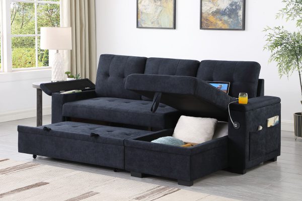 Ashlyn II 84"W Dark Gray Woven Fabric Reversible Sleeper Sectional Sofa with Storage Chaise, Storage Arm, Cup Holder, Charging Ports, Side Pockets, and Pocket Coil Seating - Image 13