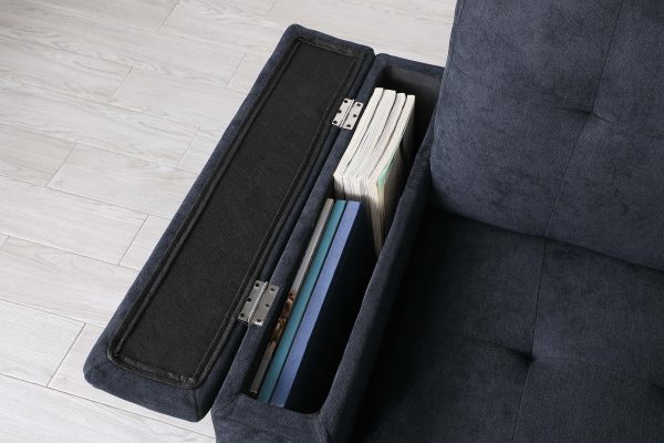 Ashlyn II 84"W Dark Gray Woven Fabric Reversible Sleeper Sectional Sofa with Storage Chaise, Storage Arm, Cup Holder, Charging Ports, Side Pockets, and Pocket Coil Seating - Image 4