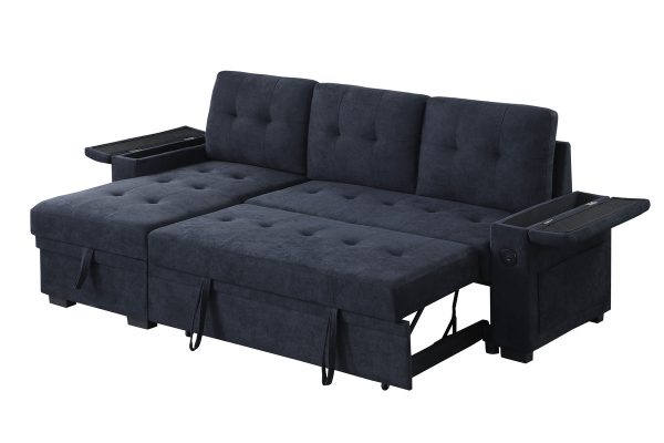 Ashlyn II 84"W Dark Gray Woven Fabric Reversible Sleeper Sectional Sofa with Storage Chaise, Storage Arm, Cup Holder, Charging Ports, Side Pockets, and Pocket Coil Seating - Image 7