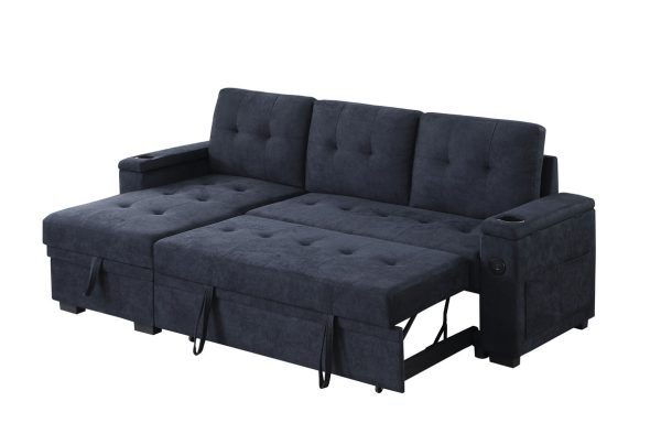 Ashlyn II 84"W Dark Gray Woven Fabric Reversible Sleeper Sectional Sofa with Storage Chaise, Storage Arm, Cup Holder, Charging Ports, Side Pockets, and Pocket Coil Seating - Image 6