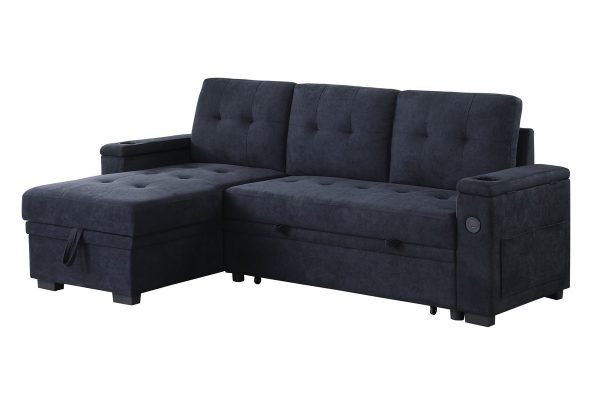 Ashlyn II 84"W Dark Gray Woven Fabric Reversible Sleeper Sectional Sofa with Storage Chaise, Storage Arm, Cup Holder, Charging Ports, Side Pockets, and Pocket Coil Seating - Image 12