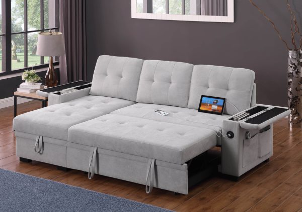 Ashlyn II 84"W Gray Woven Fabric Reversible Sleeper Sectional Sofa with Storage Chaise, Storage Arm, Cup Holder, Charging Ports, Side Pockets, and Pocket Coil Seating - Image 8