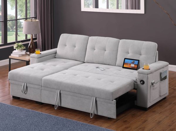 Ashlyn II 84"W Gray Woven Fabric Reversible Sleeper Sectional Sofa with Storage Chaise, Storage Arm, Cup Holder, Charging Ports, Side Pockets, and Pocket Coil Seating - Image 7