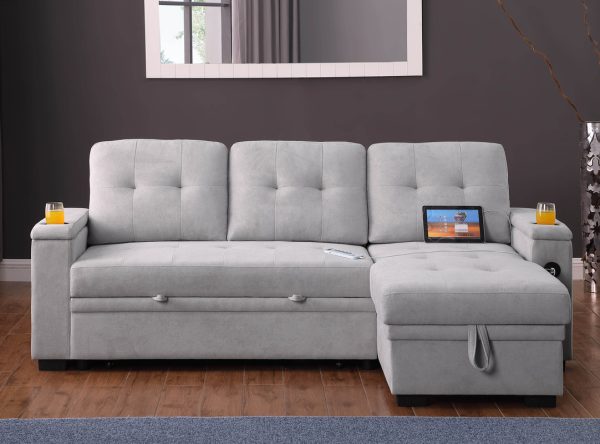Ashlyn II 84"W Gray Woven Fabric Reversible Sleeper Sectional Sofa with Storage Chaise, Storage Arm, Cup Holder, Charging Ports, Side Pockets, and Pocket Coil Seating - Image 6