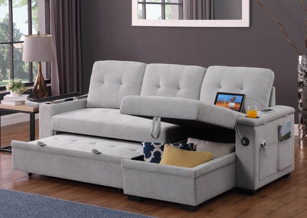 Ashlyn II 84"W Gray Woven Fabric Reversible Sleeper Sectional Sofa with Storage Chaise, Storage Arm, Cup Holder, Charging Ports, Side Pockets, and Pocket Coil Seating - Image 10