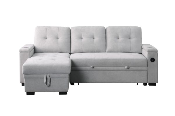 Ashlyn II 84"W Gray Woven Fabric Reversible Sleeper Sectional Sofa with Storage Chaise, Storage Arm, Cup Holder, Charging Ports, Side Pockets, and Pocket Coil Seating - Image 5