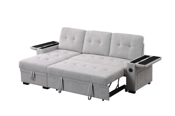 Ashlyn II 84"W Gray Woven Fabric Reversible Sleeper Sectional Sofa with Storage Chaise, Storage Arm, Cup Holder, Charging Ports, Side Pockets, and Pocket Coil Seating - Image 4