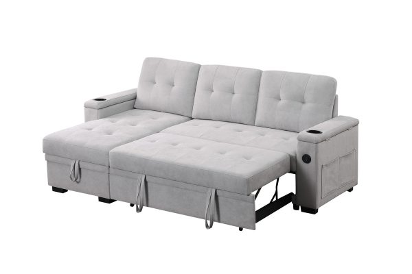 Ashlyn II 84"W Gray Woven Fabric Reversible Sleeper Sectional Sofa with Storage Chaise, Storage Arm, Cup Holder, Charging Ports, Side Pockets, and Pocket Coil Seating - Image 3