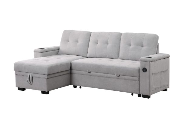 Ashlyn II 84"W Gray Woven Fabric Reversible Sleeper Sectional Sofa with Storage Chaise, Storage Arm, Cup Holder, Charging Ports, Side Pockets, and Pocket Coil Seating - Image 9