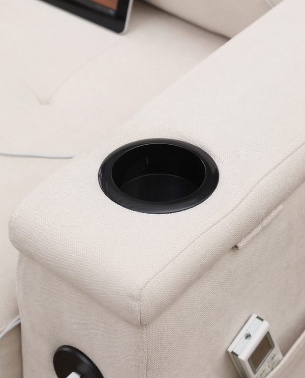 Ashlyn II 84"W Beige Woven Fabric Reversible Sleeper Sectional Sofa with Storage Chaise, Storage Arm, Cup Holder, Charging Ports,  Side Pockets, and Pocket Coil Seating - Image 5