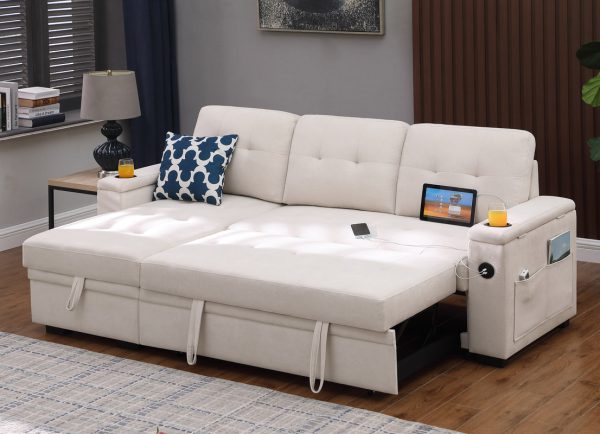 Ashlyn II 84"W Beige Woven Fabric Reversible Sleeper Sectional Sofa with Storage Chaise, Storage Arm, Cup Holder, Charging Ports,  Side Pockets, and Pocket Coil Seating - Image 10