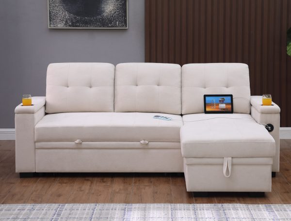 Ashlyn II 84"W Beige Woven Fabric Reversible Sleeper Sectional Sofa with Storage Chaise, Storage Arm, Cup Holder, Charging Ports,  Side Pockets, and Pocket Coil Seating - Image 9