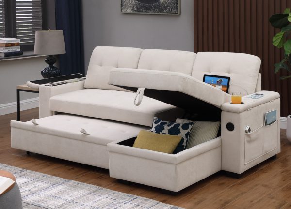 Ashlyn II 84"W Beige Woven Fabric Reversible Sleeper Sectional Sofa with Storage Chaise, Storage Arm, Cup Holder, Charging Ports,  Side Pockets, and Pocket Coil Seating - Image 13