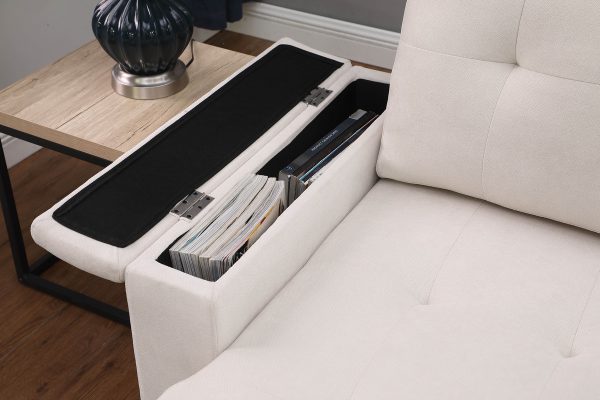 Ashlyn II 84"W Beige Woven Fabric Reversible Sleeper Sectional Sofa with Storage Chaise, Storage Arm, Cup Holder, Charging Ports,  Side Pockets, and Pocket Coil Seating - Image 4