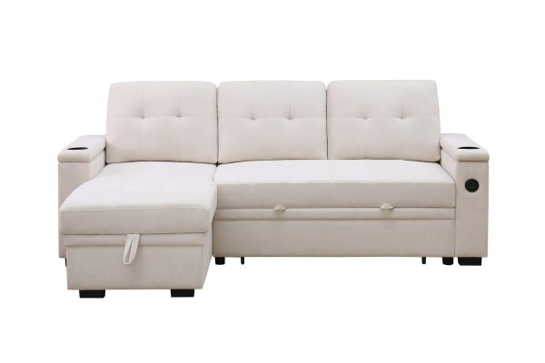 Ashlyn II 84"W Beige Woven Fabric Reversible Sleeper Sectional Sofa with Storage Chaise, Storage Arm, Cup Holder, Charging Ports,  Side Pockets, and Pocket Coil Seating - Image 8