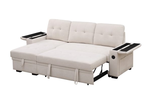 Ashlyn II 84"W Beige Woven Fabric Reversible Sleeper Sectional Sofa with Storage Chaise, Storage Arm, Cup Holder, Charging Ports,  Side Pockets, and Pocket Coil Seating - Image 7
