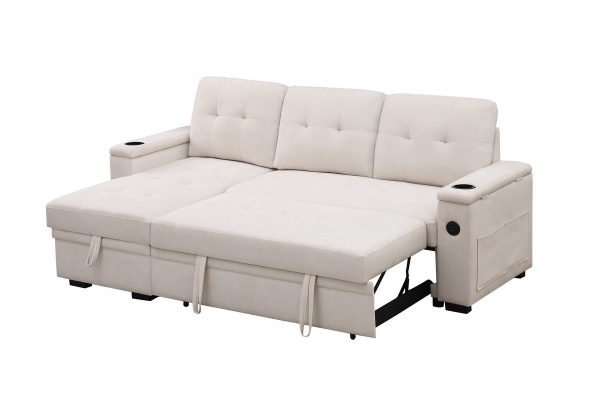 Ashlyn II 84"W Beige Woven Fabric Reversible Sleeper Sectional Sofa with Storage Chaise, Storage Arm, Cup Holder, Charging Ports,  Side Pockets, and Pocket Coil Seating - Image 6