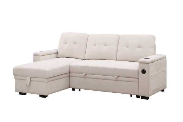 Ashlyn II 84"W Beige Woven Fabric Reversible Sleeper Sectional Sofa with Storage Chaise, Storage Arm, Cup Holder, Charging Ports,  Side Pockets, and Pocket Coil Seating - Image 12