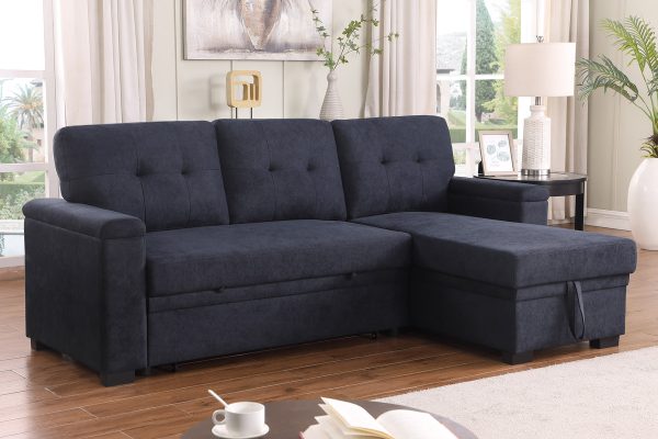 Lucca II 84.5"W Dark Gray Woven Fabric Reversible Sleeper Sectional Sofa with Storage Chaise and Pocket Coil Seating