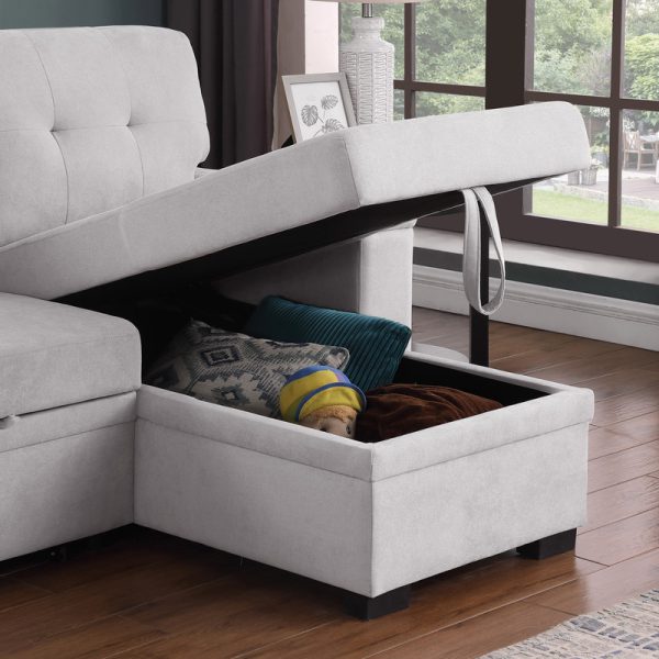 Lucca II 84.5"W Light Gray Woven Fabric Reversible Sleeper Sectional Sofa with Storage Chaise and Pocket Coil Seating - Image 3