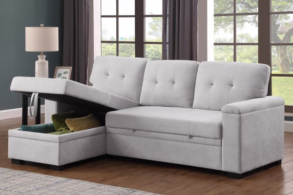 Lucca II 84.5"W Light Gray Woven Fabric Reversible Sleeper Sectional Sofa with Storage Chaise and Pocket Coil Seating - Image 10