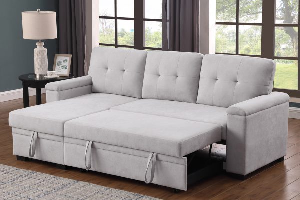 Lucca II 84.5"W Light Gray Woven Fabric Reversible Sleeper Sectional Sofa with Storage Chaise and Pocket Coil Seating - Image 9
