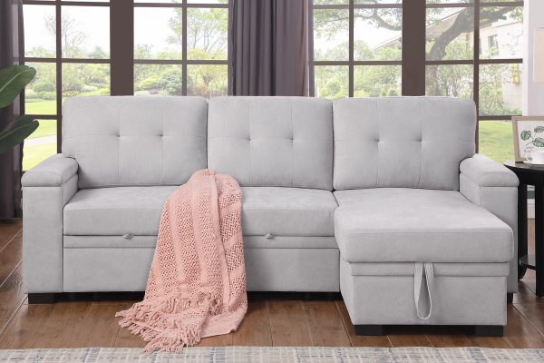 Lucca II 84.5"W Light Gray Woven Fabric Reversible Sleeper Sectional Sofa with Storage Chaise and Pocket Coil Seating - Image 8