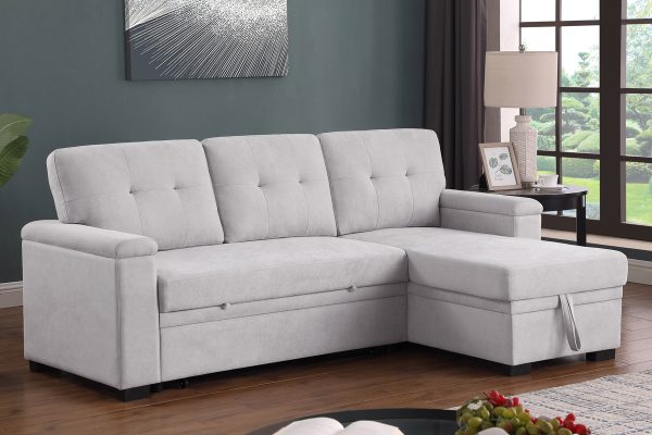 Lucca II 84.5"W Light Gray Woven Fabric Reversible Sleeper Sectional Sofa with Storage Chaise and Pocket Coil Seating