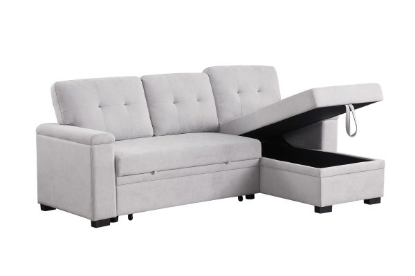 Lucca II 84.5"W Light Gray Woven Fabric Reversible Sleeper Sectional Sofa with Storage Chaise and Pocket Coil Seating - Image 7