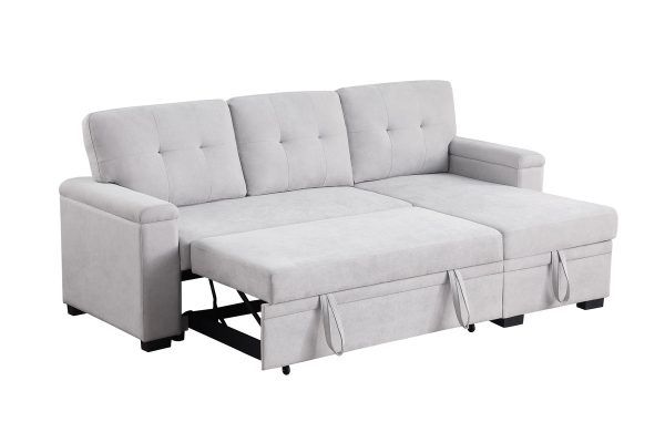 Lucca II 84.5"W Light Gray Woven Fabric Reversible Sleeper Sectional Sofa with Storage Chaise and Pocket Coil Seating - Image 5