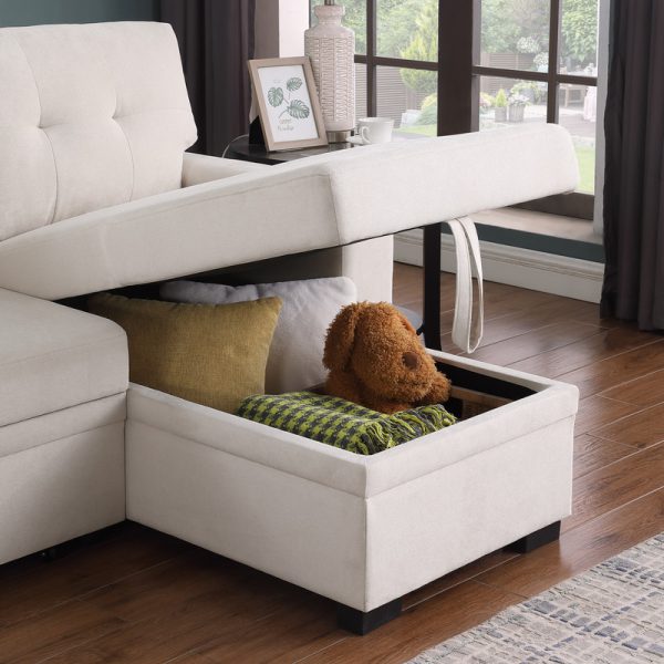 Lucca II 84.5"W Beige Woven Fabric Reversible Sleeper Sectional Sofa with Storage Chaise and Pocket Coil Seating - Image 3