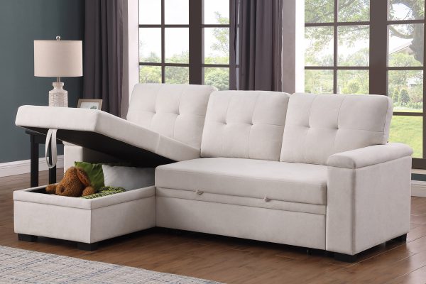 Lucca II 84.5"W Beige Woven Fabric Reversible Sleeper Sectional Sofa with Storage Chaise and Pocket Coil Seating - Image 9