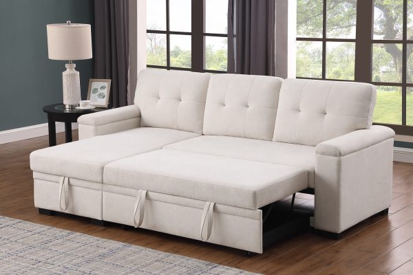 Lucca II 84.5"W Beige Woven Fabric Reversible Sleeper Sectional Sofa with Storage Chaise and Pocket Coil Seating - Image 8