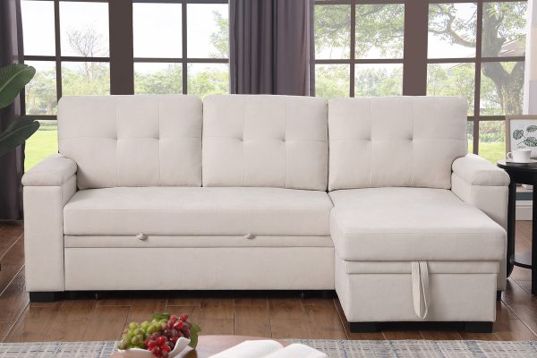 Lucca II 84.5"W Beige Woven Fabric Reversible Sleeper Sectional Sofa with Storage Chaise and Pocket Coil Seating