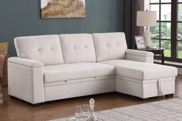 Lucca II 84.5"W Beige Woven Fabric Reversible Sleeper Sectional Sofa with Storage Chaise and Pocket Coil Seating - Image 11