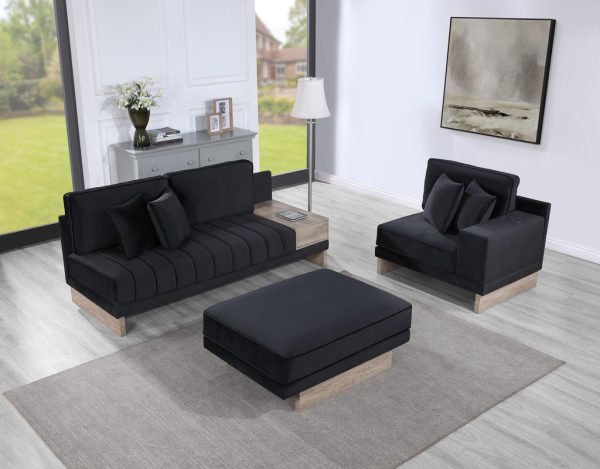Memphis 122.5"W Black Velvet Reversible Sectional Sofa Ottoman with Storage Compartment, Drawer, USB ports, Charging Outlets - Image 3