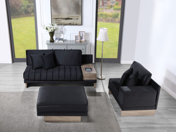 Memphis 122.5"W Black Velvet Reversible Sectional Sofa Ottoman with Storage Compartment, Drawer, USB ports, Charging Outlets - Image 2