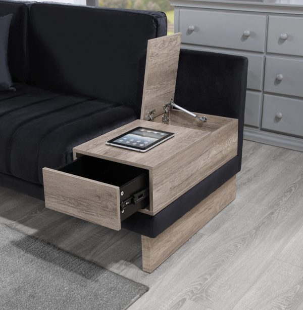 Memphis 122.5"W Black Velvet Reversible Sectional Sofa Ottoman with Storage Compartment, Drawer, USB ports, Charging Outlets - Image 6