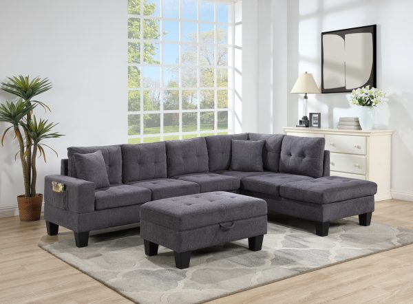 Briscoe Dark Gray Woven Fabric 102"W Reversible Sectional Sofa with Dropdown Table, Charging Ports, Cupholders, Storage Ottoman, and Pillows