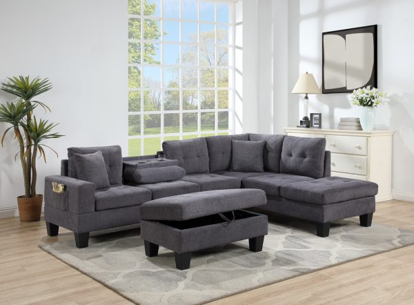 Briscoe Dark Gray Woven Fabric 102"W Reversible Sectional Sofa with Dropdown Table, Charging Ports, Cupholders, Storage Ottoman, and Pillows - Image 6